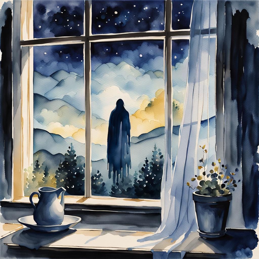 Ethereal Ghost Behind Window in Watercolor Style