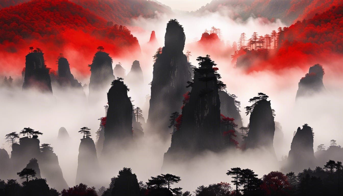 Tianzi Mountains Silhouette with Red Sun in Chinese Art