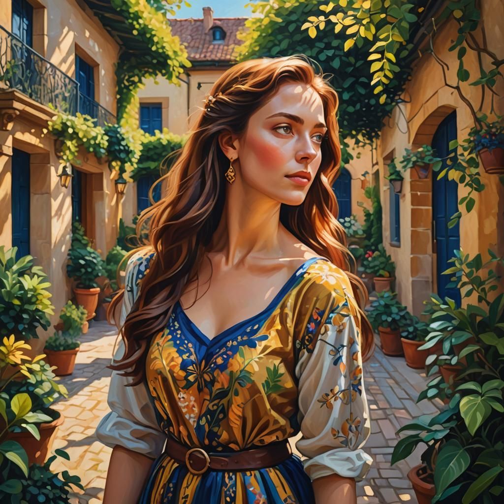 Woman in Courtyard: Fauvist-Style Portrait