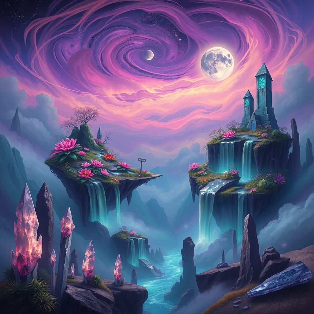 Ethereal Floating Islands in Nebula Sky