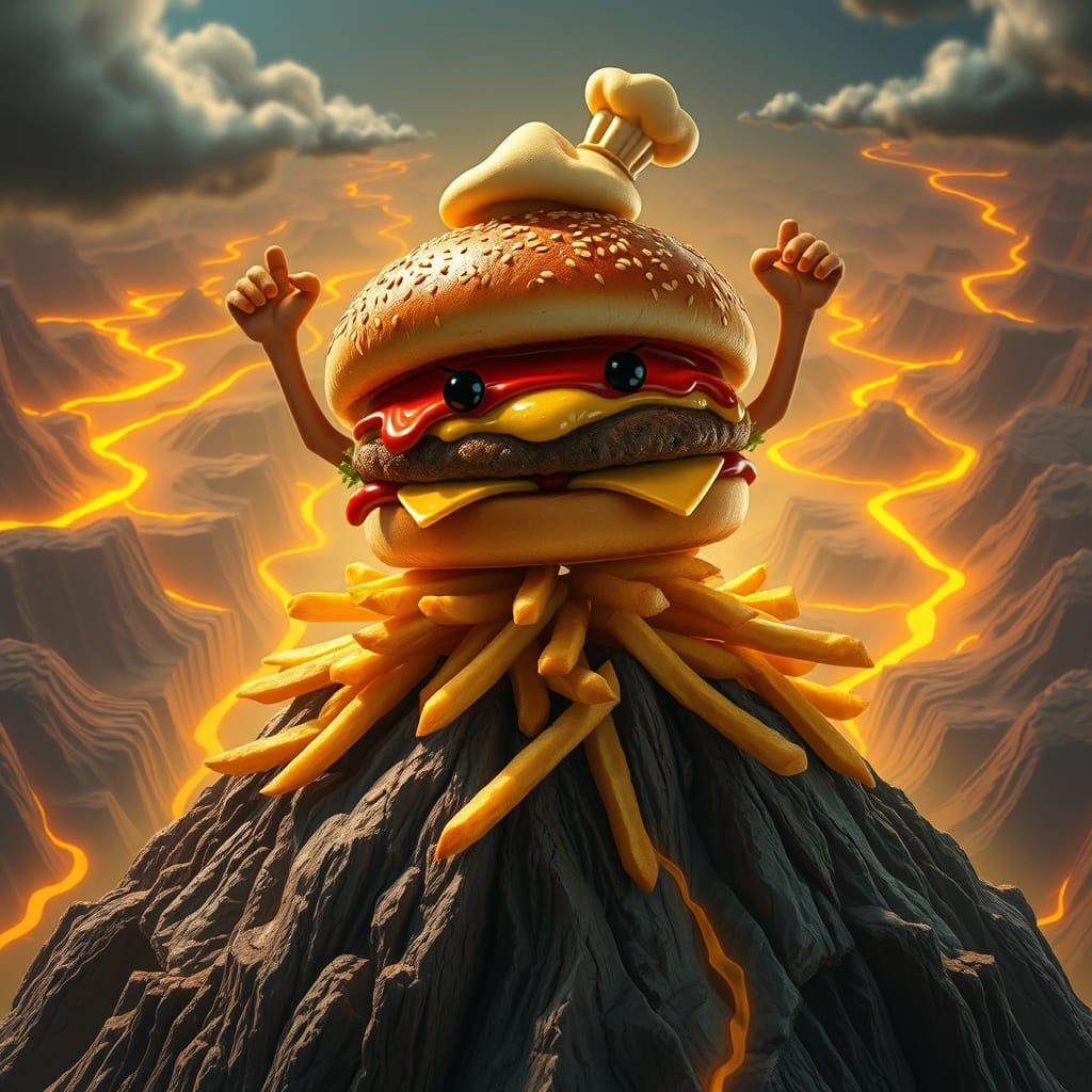 Sentient Burger Victorious on Mountain of Fries