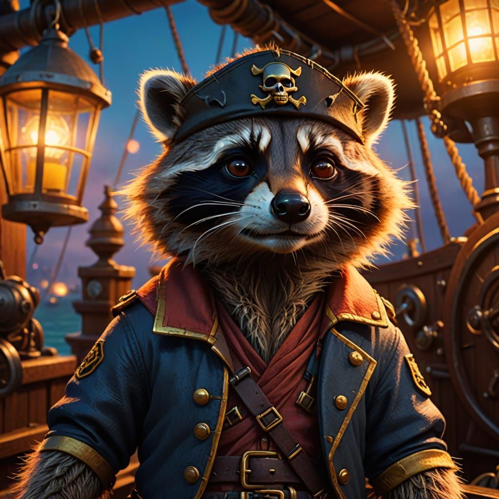 Pirate Raccoon on Ship in Pixar-Style 3D Art