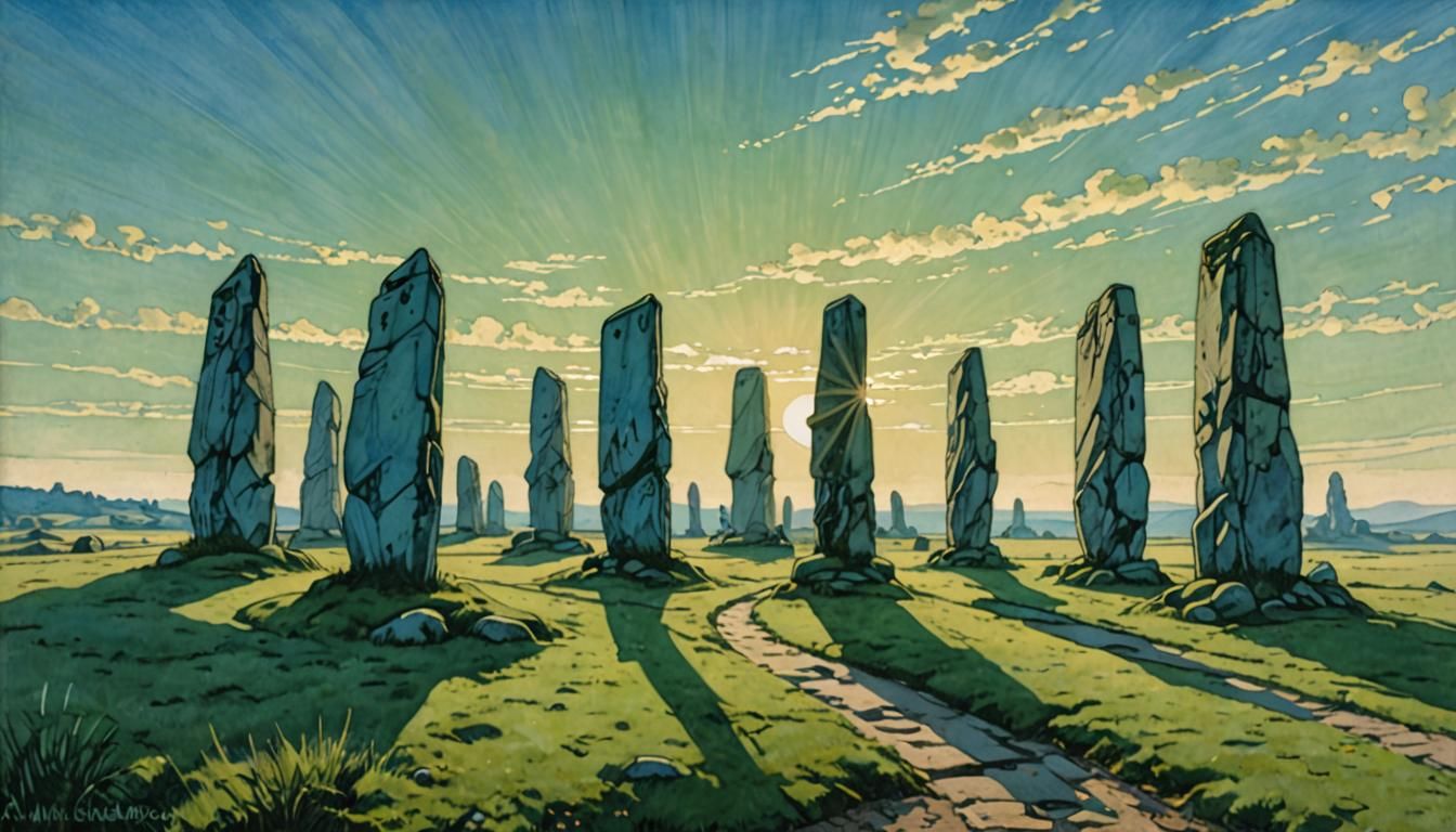 Standing Stones at Dawn in Art Nouveau Style