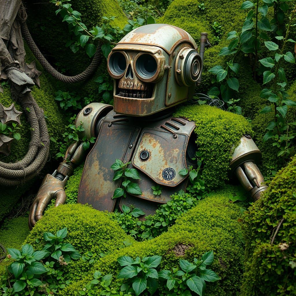 Decayed Robot in Overgrown Landscape, Dystopian Art
