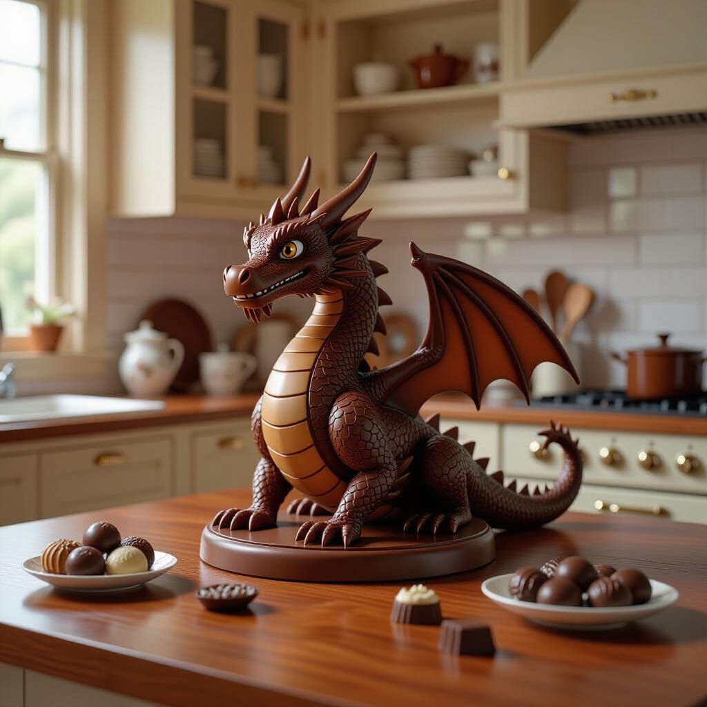 Chocolate Dragon Portal Statue, Detailed Fantasy Scene