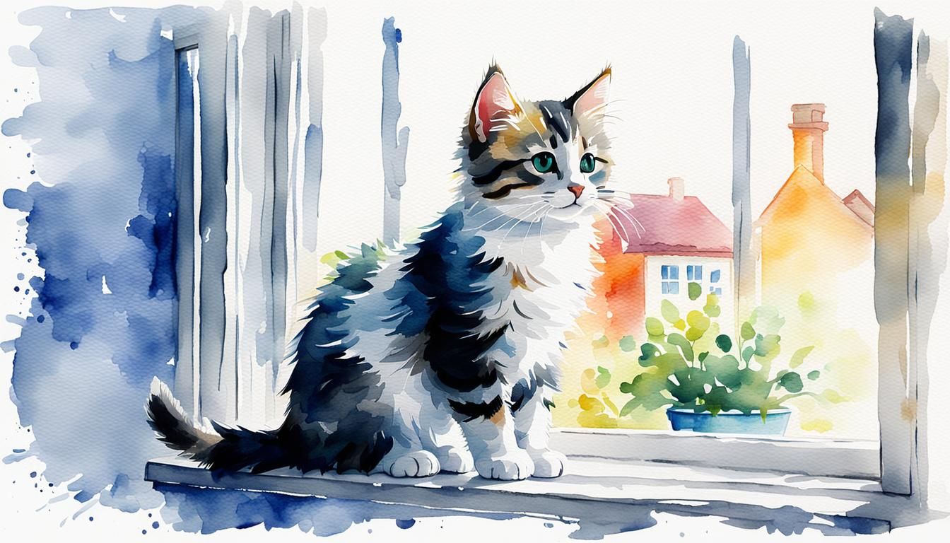 Watercolor Kitten on Window Sill