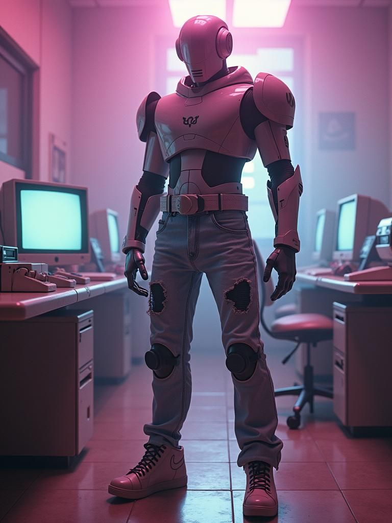 90s Hero Witnessing Analog Horror in Retro-Futuristic Style