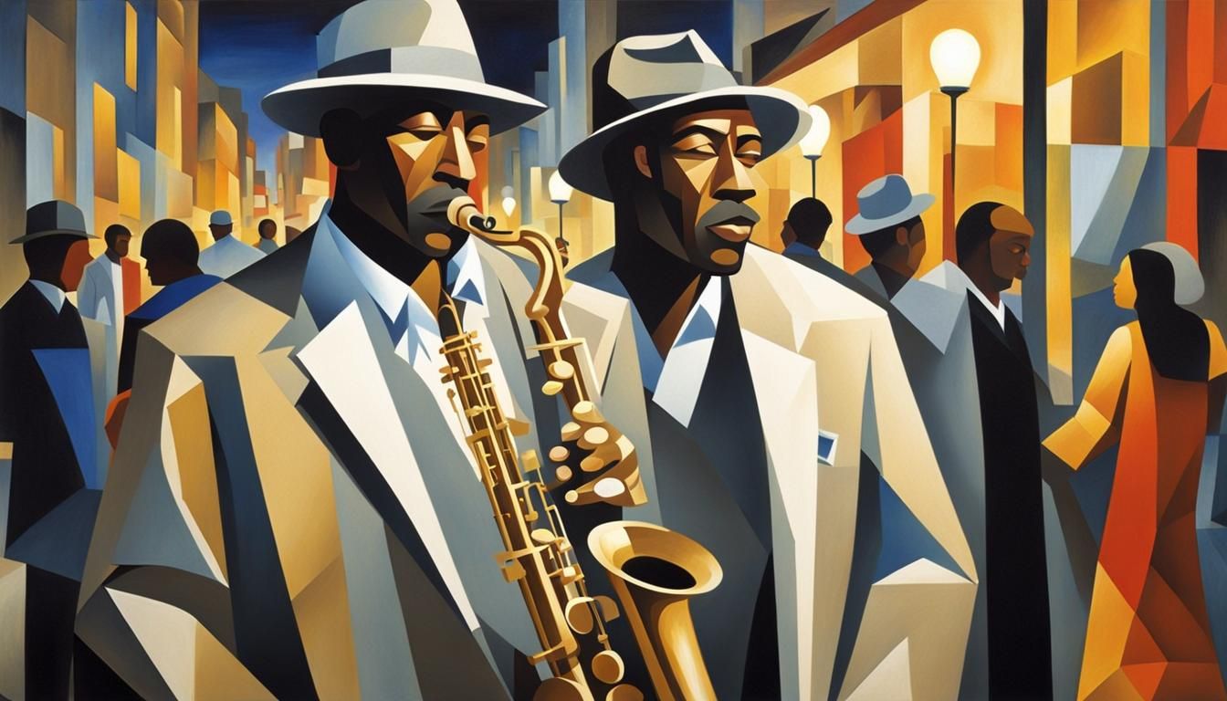 Saxophonist in City Street, Cubist Style
