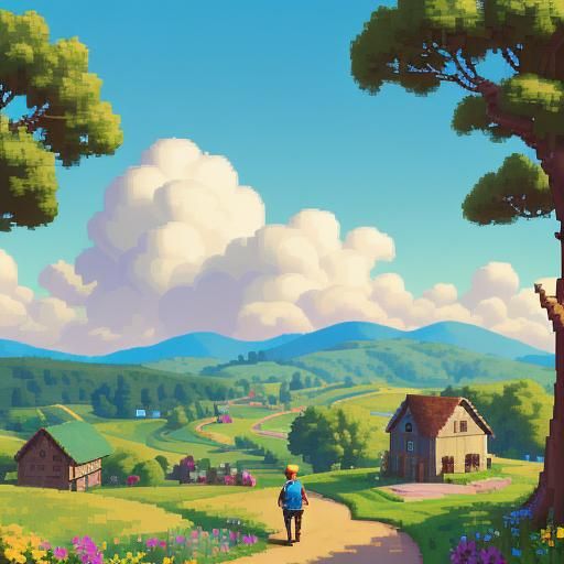 Pixel Art Boy in Sunny Landscape