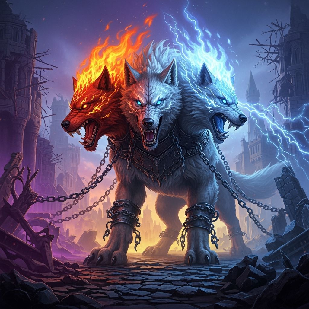 Three-Headed Fenrir Amidst Castle Ruins
