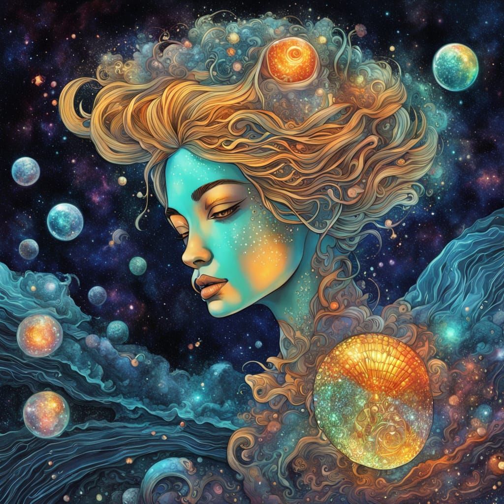 Bioluminescent Mermaid with Fabergé Egg in Cosmic Style