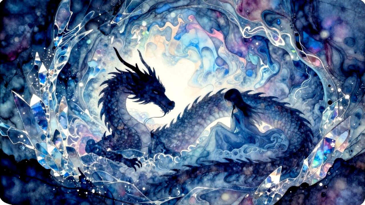 Alcohol Ink Silhouette of Dragon and Fairy in Glistening Cav...
