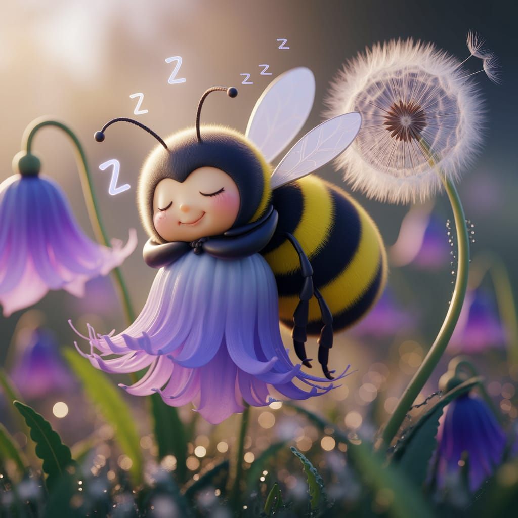 Whimsical Bumblebee in Dreamy Slumber: Digital Art
