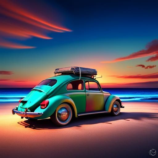 Psychedelic VW Beetle on Beach at Sunset, Detailed Matte Pai...