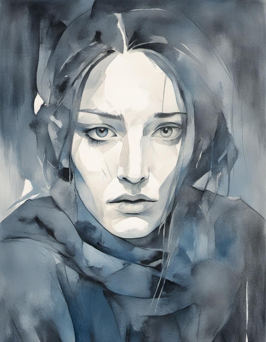 Melancholic Female Portrait in Cubist Style