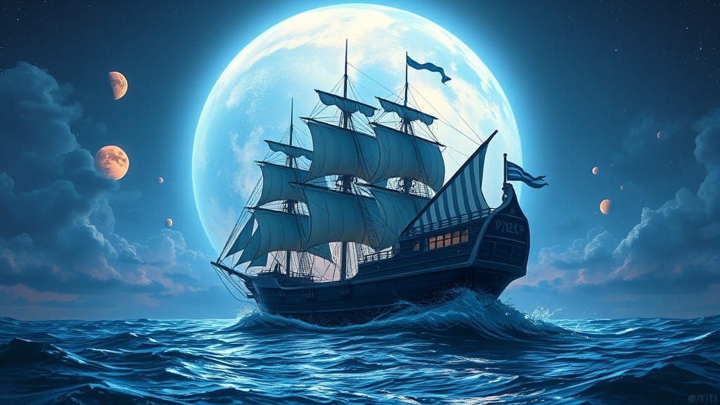 Ghostly Pirate Ship Overlaid on Vibrant Planet