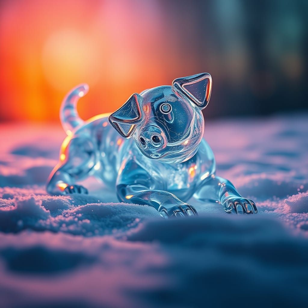 Transparent Glass Dog in Snow: Hyperrealistic Digital Art