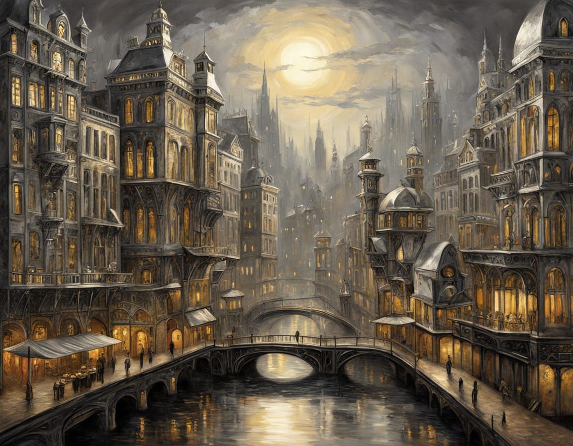 Victorian Cityscape in Silver and Gold Impressionism