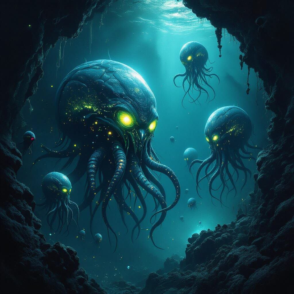 Ethereal Bioluminescent Deep Sea Creatures in Digital Painti...