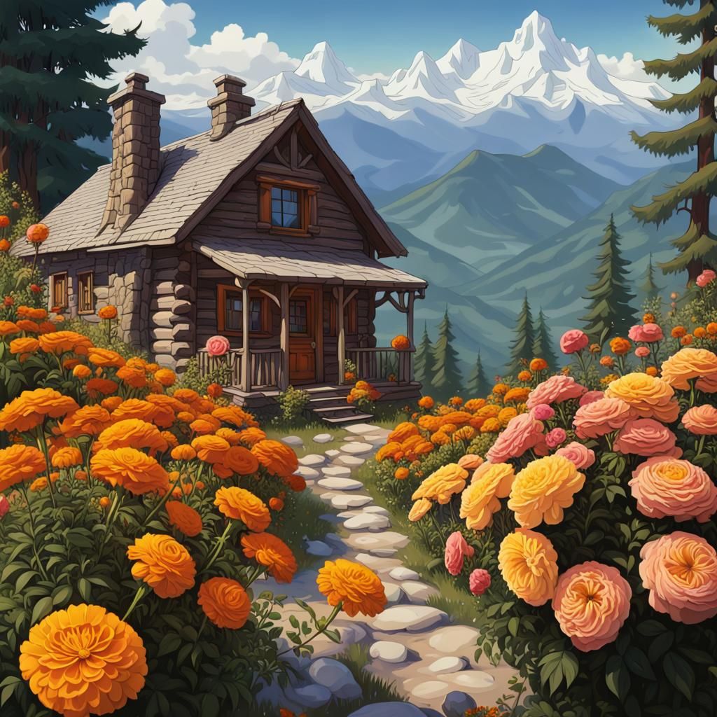 Cabin with Marigolds and Snowy Mountains, Ghibli Style