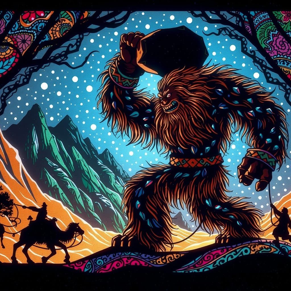 Vibrant Nighttime Scene with Ogre and Camel