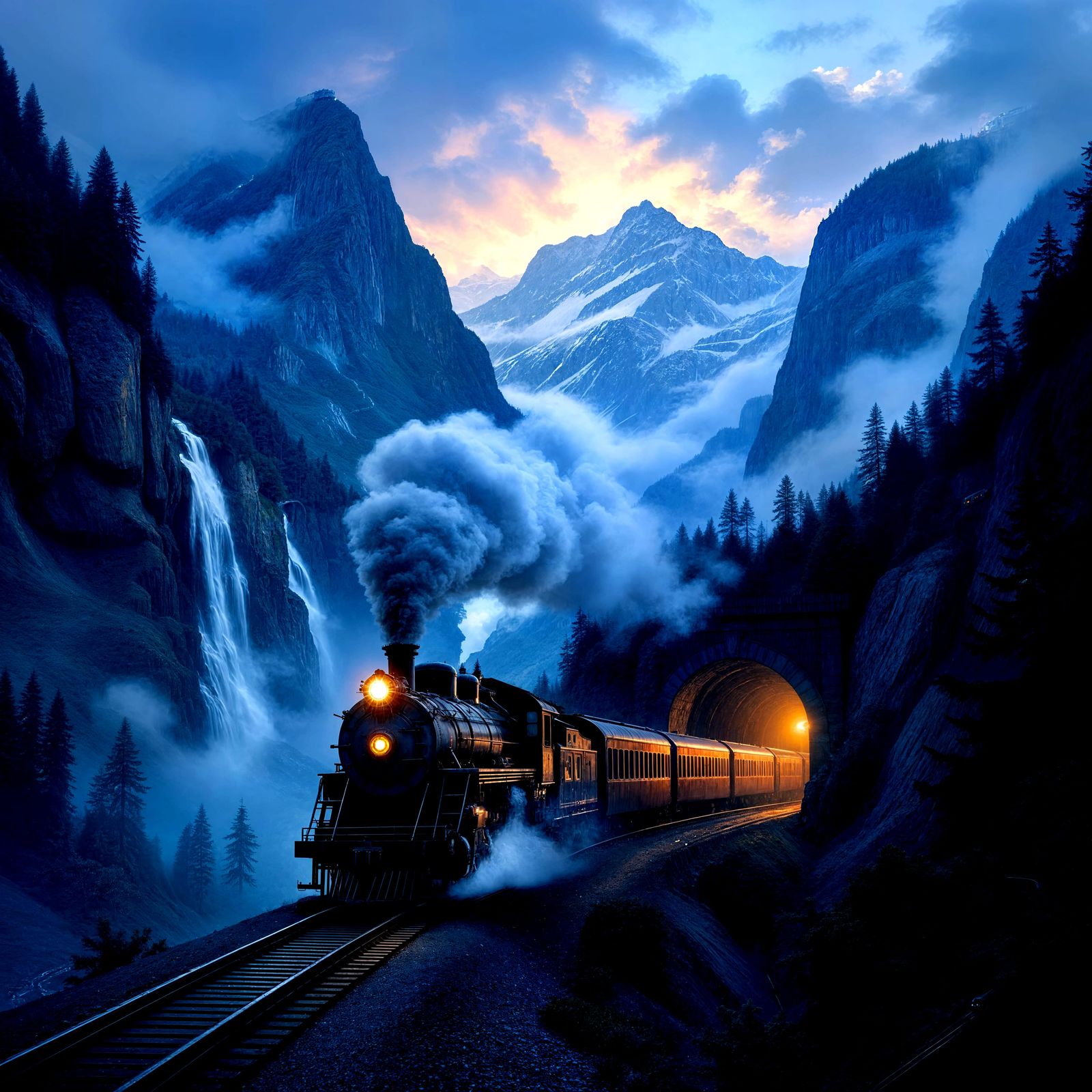 Misty Evening Train Enters Mountain Tunnel with Waterfalls