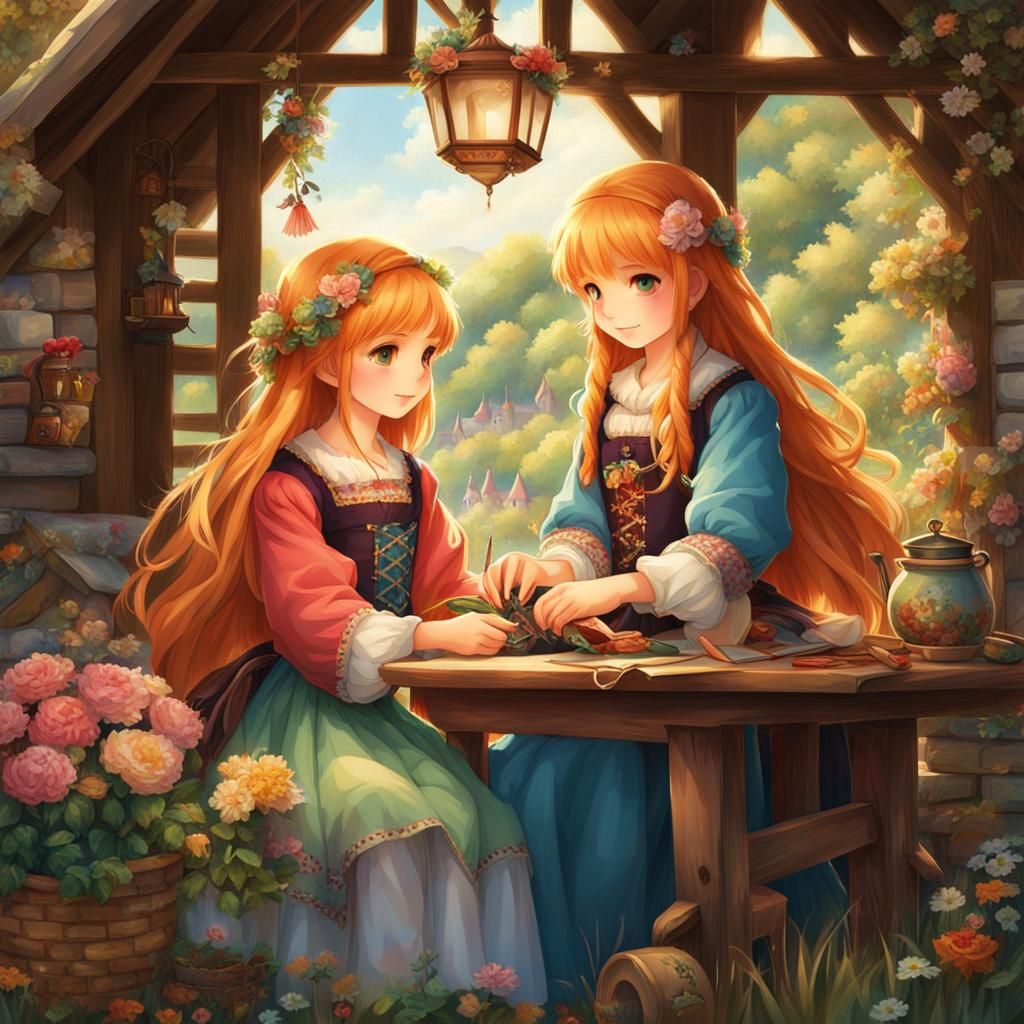 Medieval Sisters Sewing in Anime Style