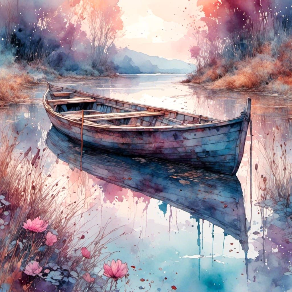 Watercolor Boat on Lake in Polychromous Style