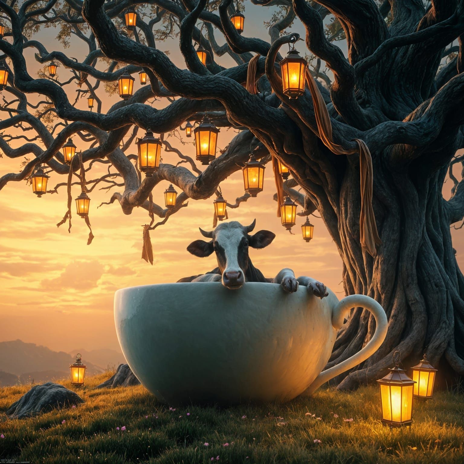 Surreal Cow in Mystical Coffee Cup Basked in Whimsical Light
