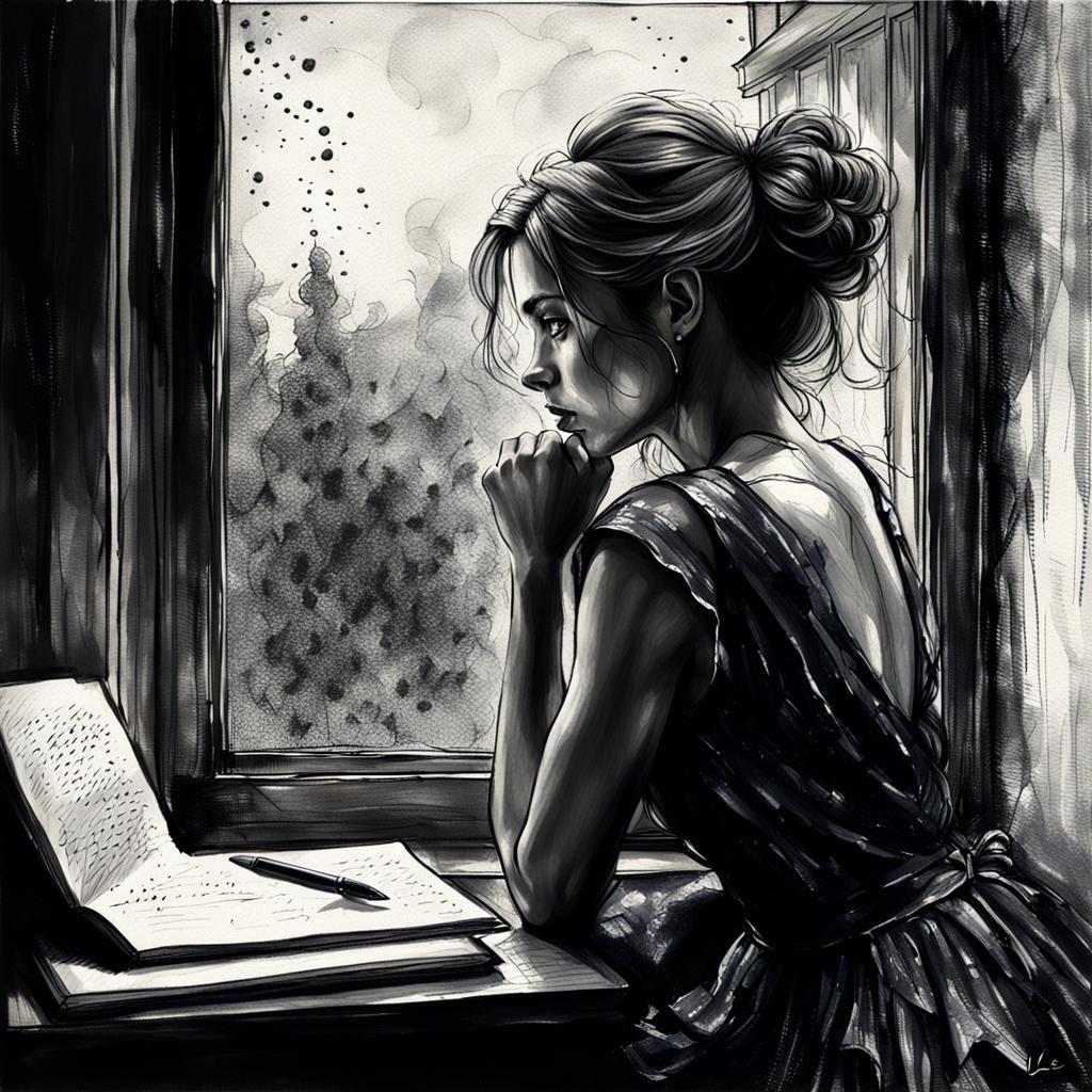 Woman Gazing Out Window: Charcoal Drawing in Street Art Styl...