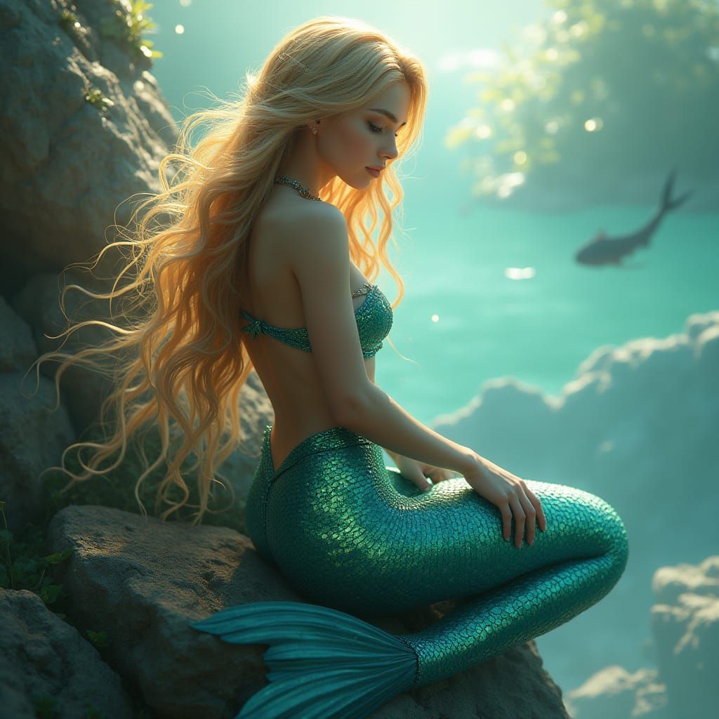 Regal Mermaid Portrait in Iridescent Turquoise and Gold