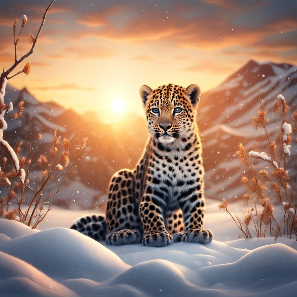 Baby Leopard in Snowy Sunset: Cinematic Digital Art