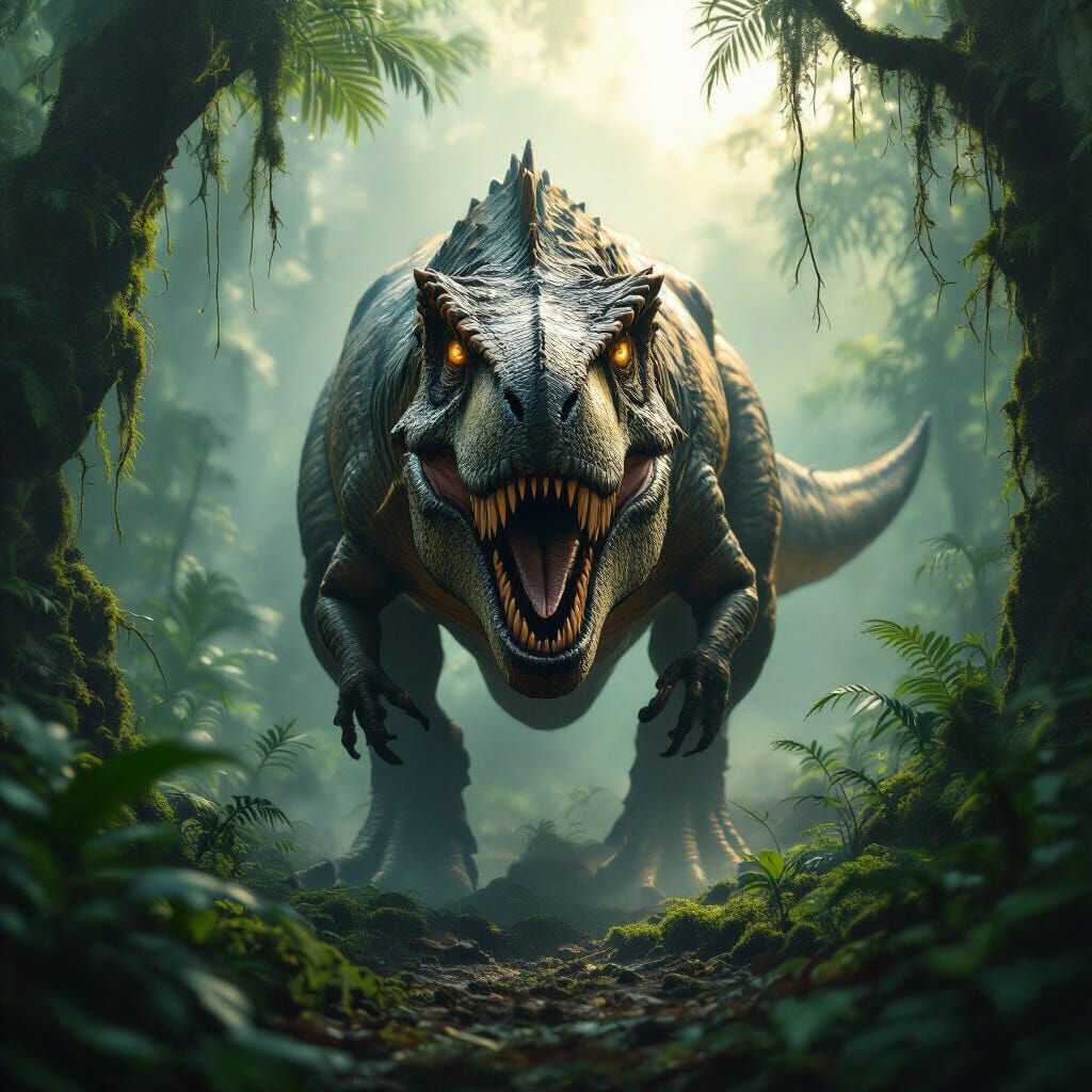 Blind T-Rex Hunts in Misty Jungle at Dawn