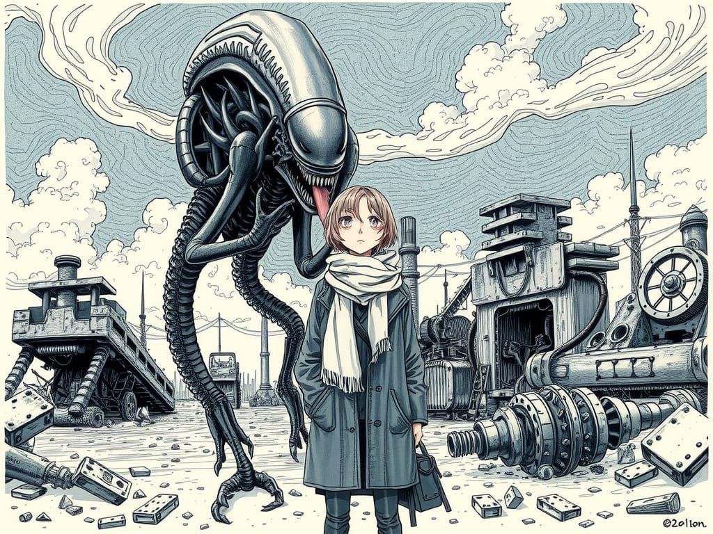 Xenomorph and Woman in Desolate Landscape, Manga Style