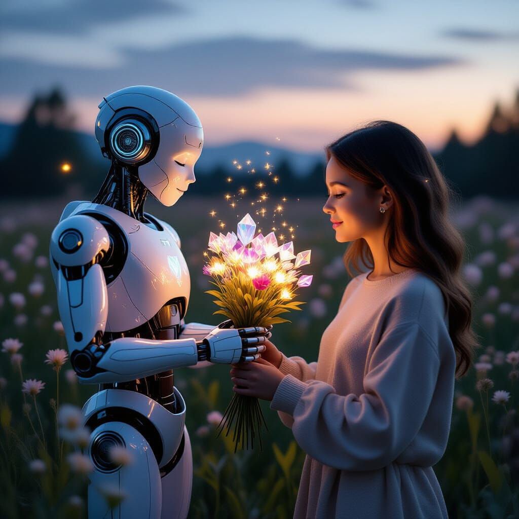 Robot Offers Glowing Flowers to Human Friend in Sci-Fi Meado...