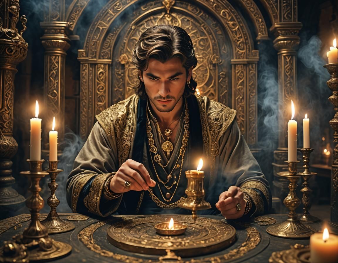 Mystical Sorcerer Ritual in Fantasy Occult Chamber