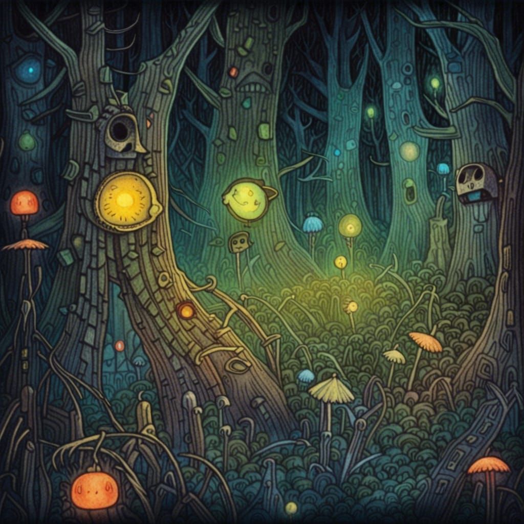 Glowing Spooky Forest Scene at Night