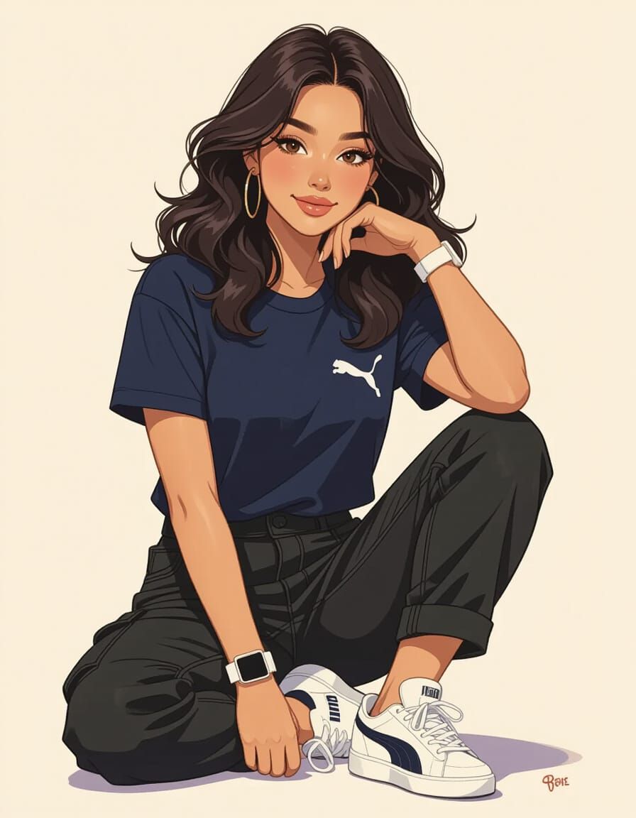 Whimsical Woman Posing in Gouache Painting Style