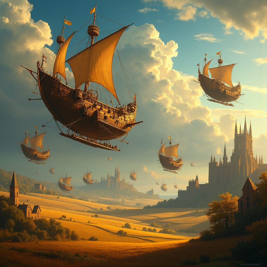 Renaissance Airship Battle over Golden Fields