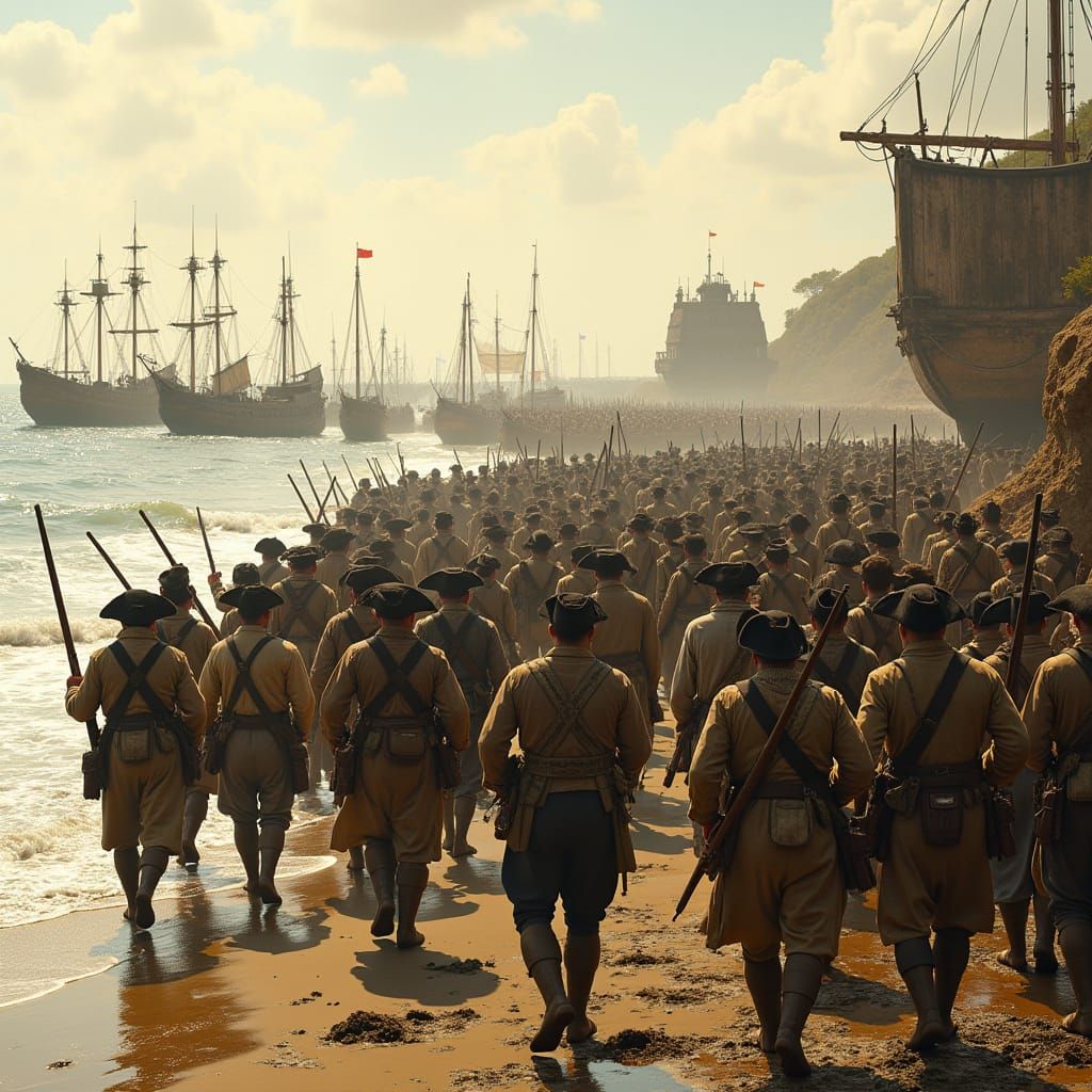 Colonial Troops Disembark from Weathered Transport Vessels
