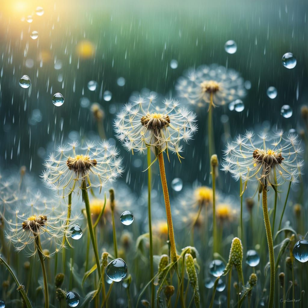 Impressionist Oil Painting: Dandelions in Rain Beside Pond