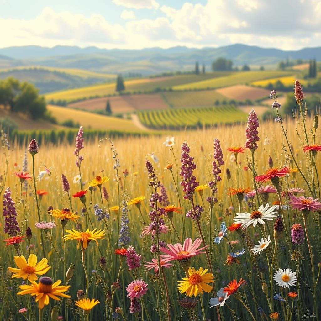 Dreamy Wildflower Meadow with Vineyards in Soft, Golden Ligh...