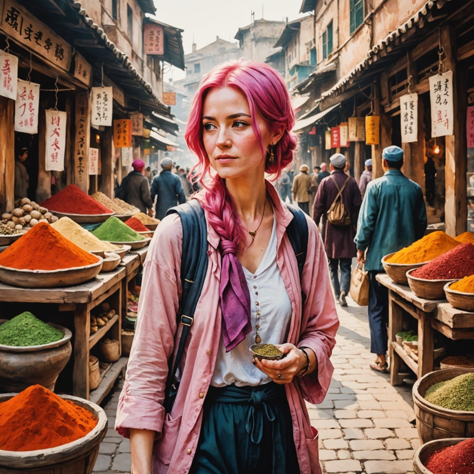 Pink Haired Woman Explores Silk Road Spice Market in Waterco...