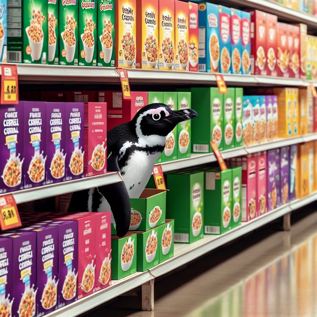 Penguin Hides in Grocery Store Cereal Aisle