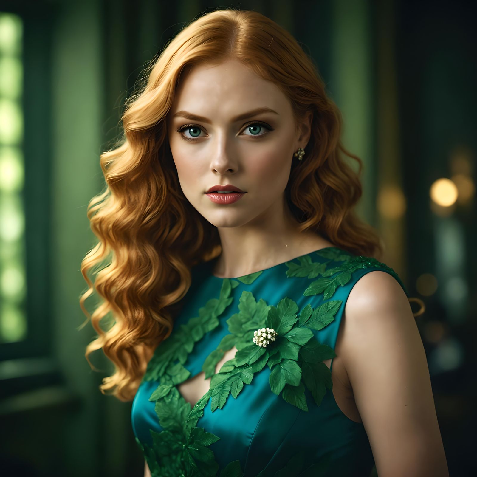 Beautiful Model in Green Gown, Cinematic Film Still