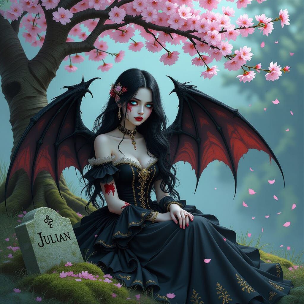 Dark Fantasy Zombie Girl Under Cherry Blossoms with Dragon W...