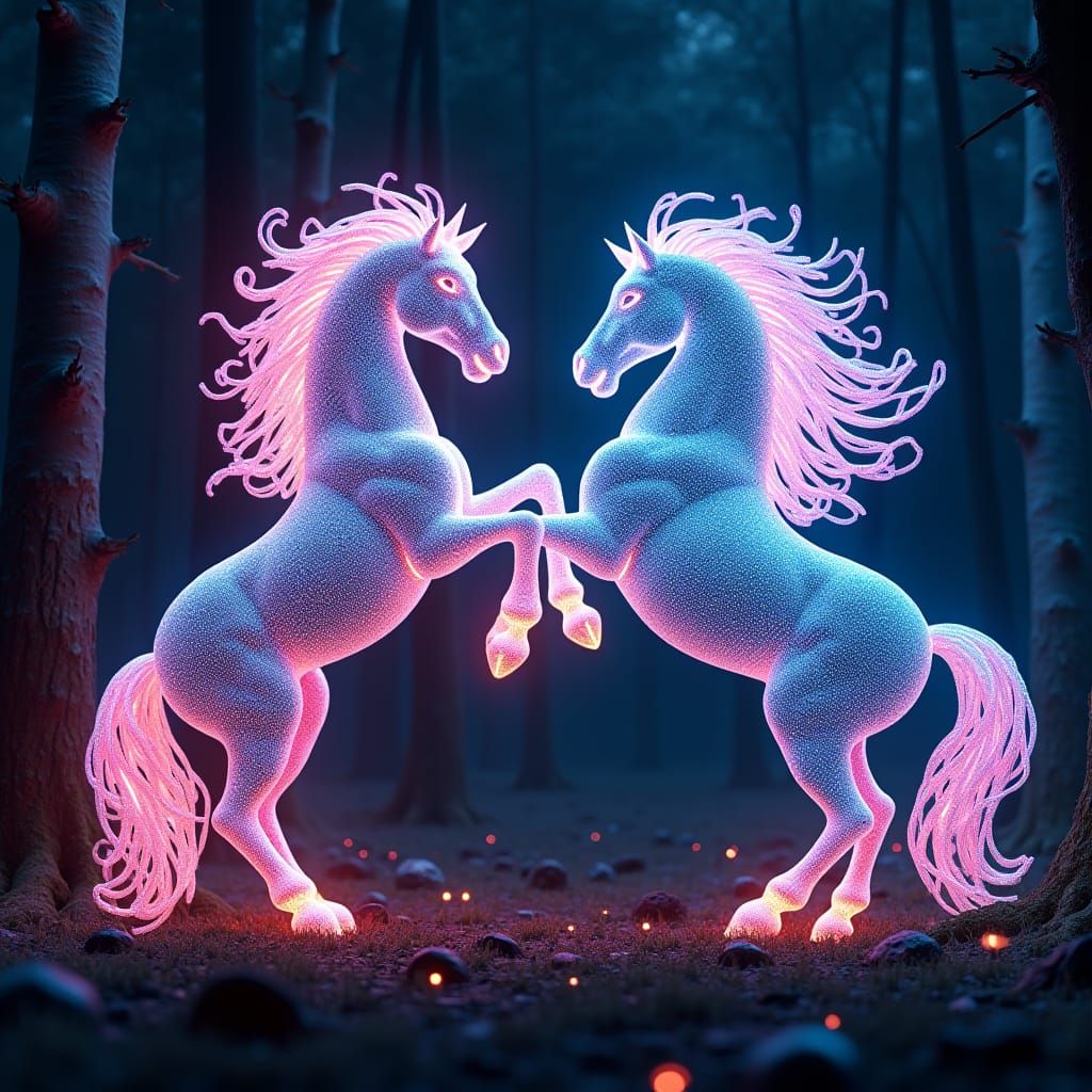Fiber Optic Maori Horses in Bioluminescent Forest