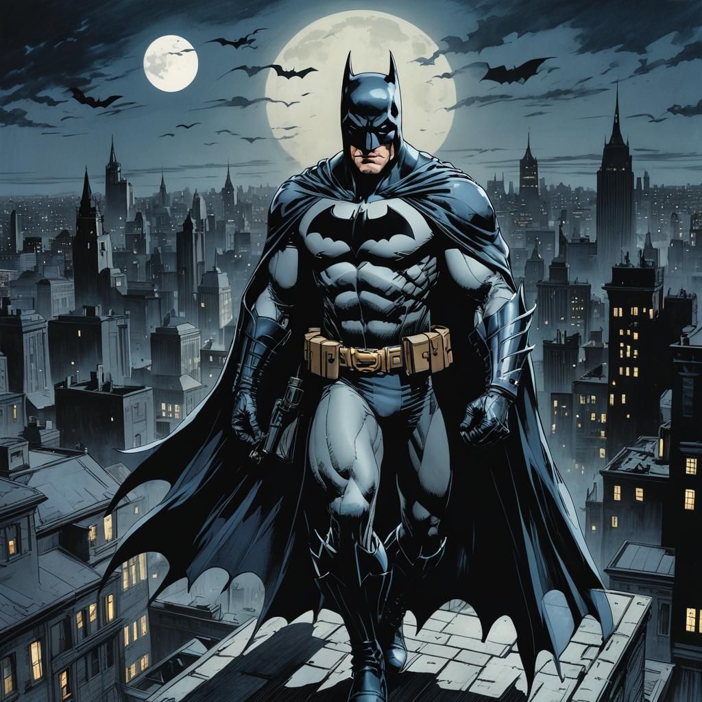 Batman on Gotham Rooftop in Gothic Noir Style