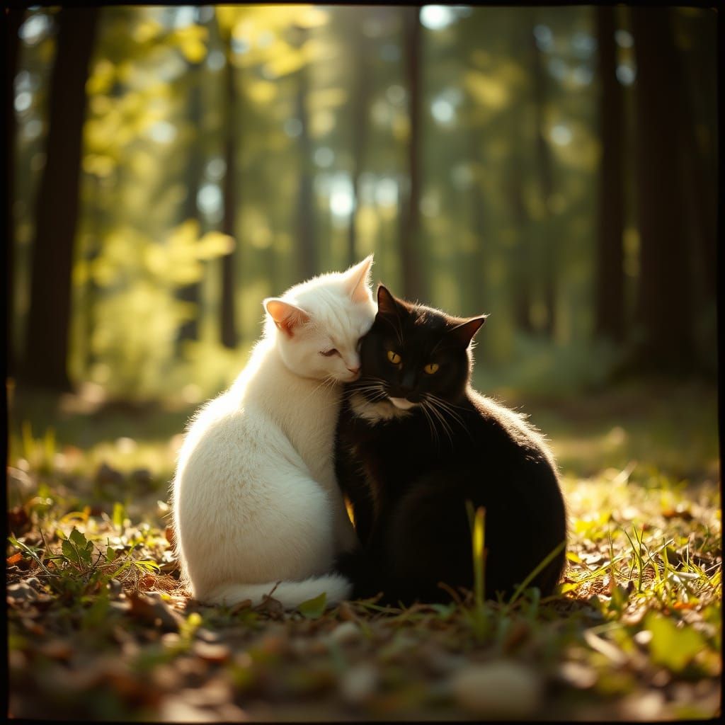 Serene Forest Cats: Cinematic Film Still