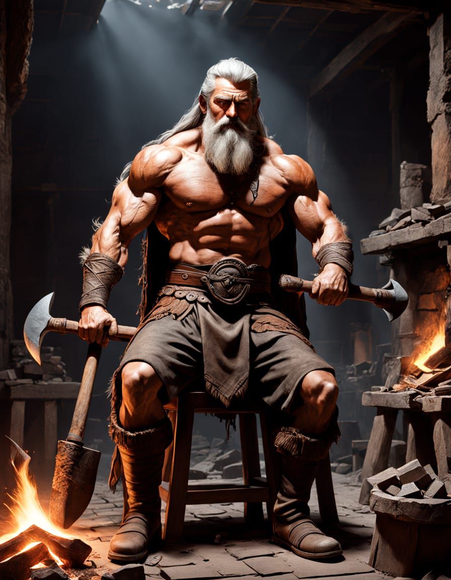 Powerful Norse God in Dimly Lit Forge